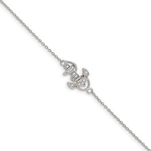 925 Sterling Silver Nautical Rhodium-plated Polished CZ Anchor Bracelet, 7"
